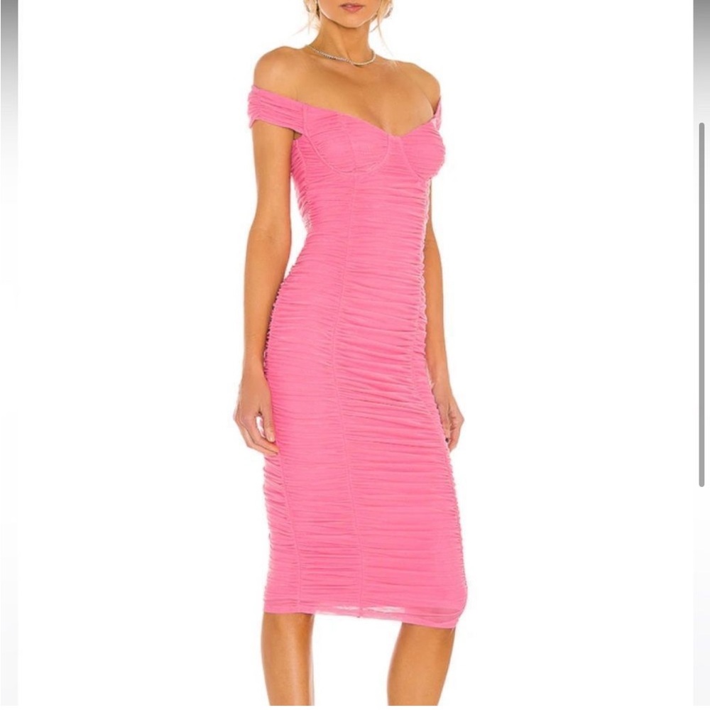 MAJORELLE REVOLVE XS Tabitha Midi Dress Bubblegum Pink Barbie dress ruched mesh